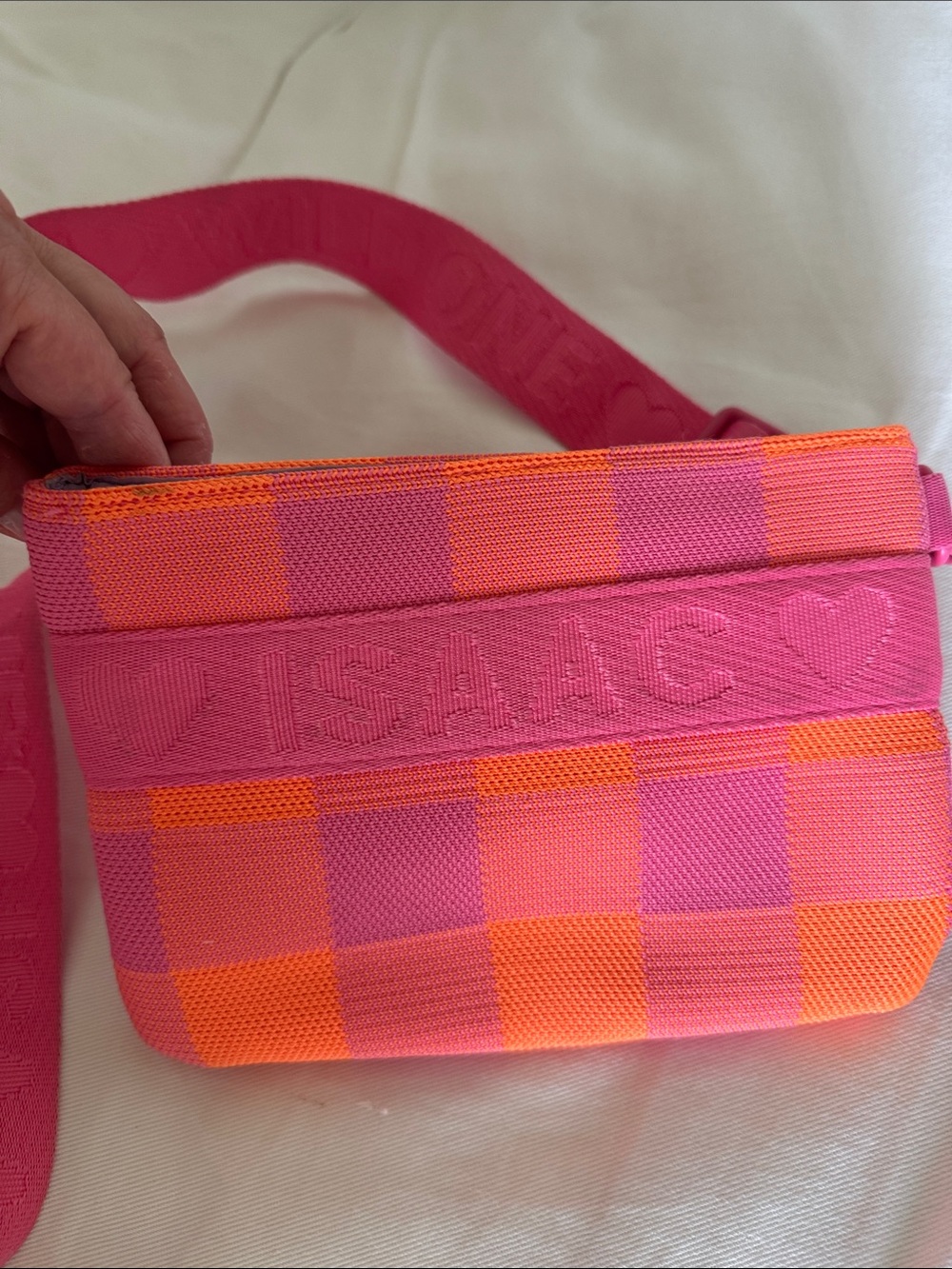 ISAAC MIZRAHI WILD ONE Pink and Orange Checkered Crossbody Purse with Logo Strap